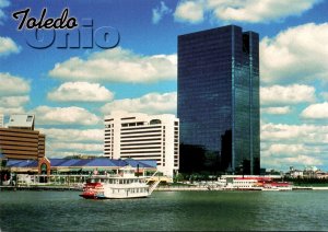 Ohio Toledo View Of River Front With Arawanna Belle Paddle Wheel Riverboat