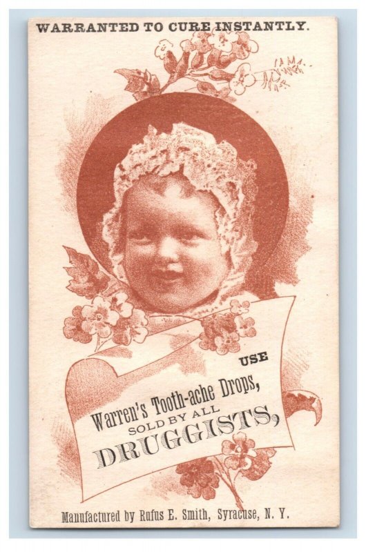 1880s Warren's Tooth-Ache Drops Mfg. By Rufus E. Smith Cute Smiling Baby F147