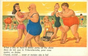 Thin & fat couples fun dance party on the shore comic early postcard