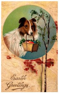 Dog , Collie carring Basket of Eggs , Easter