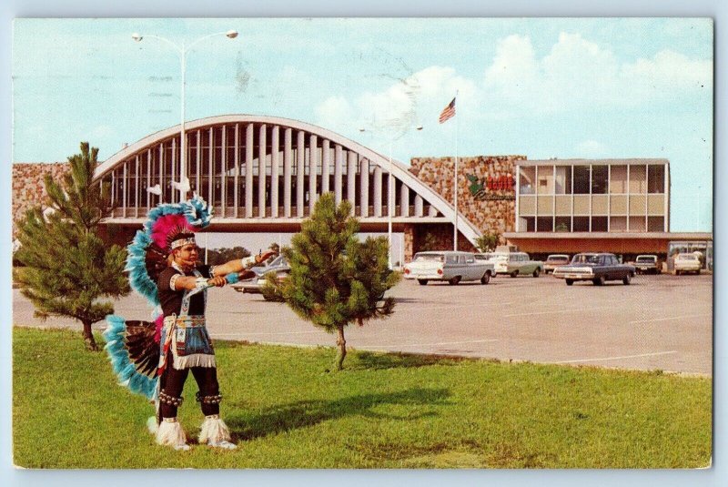 Vinita Oklahoma OK  Postcard The Glass House Will Rogers Turnpike Indian Dancing