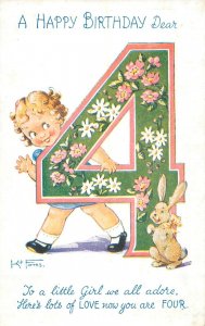 Drawn little girl birthday large floral 4 years greetings postcard by Kit Forres