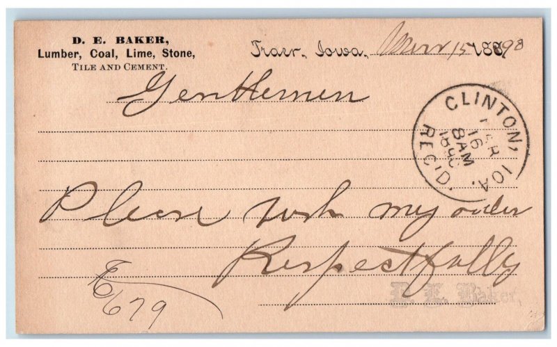 1890 D.E. Baker Lumber Coal Lime Stone Traer IA Clinton IA Postal Card