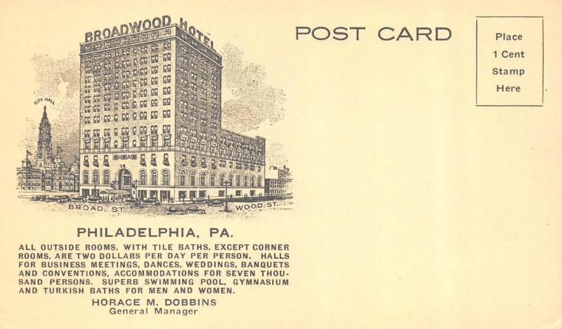 PHILADELPHIA, PA Pennsylvania    BROADWOOD HOTEL     Blank Back Card