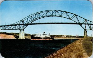 Vtg Massachusetts MA Cape Cod Canal Boat Passing Under Sagamore Bridge Postcard