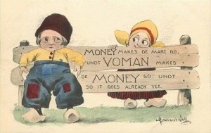 Comic Humor Wall Dutch Children Romance hand colored Postcard 20-11981