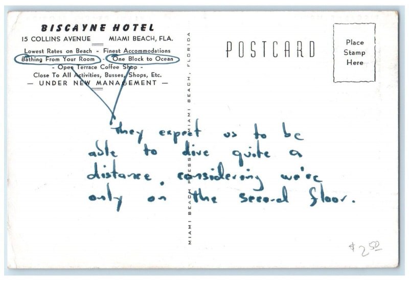 c1940 Biscayne Hotel Overlooking Ocean Miami Beach Florida FL Vintage Postcard