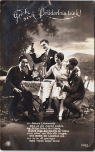 Woman Drinks with 3 Men Cheers Bottles Bucket Table Vintage RPPC C200