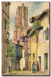 Old Postcard Fantasy Illustrator Barday Albi Street of priests and the cathedral