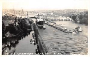 RPPC- SEATTLE, Washington  US GOVERNMENT LOCKS  Ships, Bridge  1940's Postcard