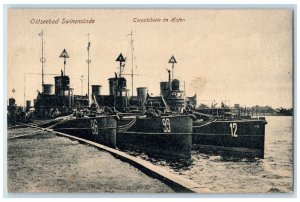 c1910 Ostseebad Swinemunde Torpedo Boats in the Harbor Poland Postcard