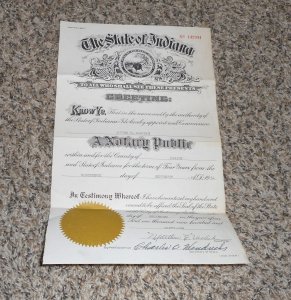 1961 State Of Indiana Notary Public Appointment License
