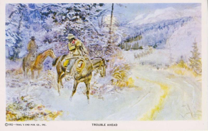 Trouble Ahead Charles M. Russell Cowboy Artist Trails End Unused Postcard D28