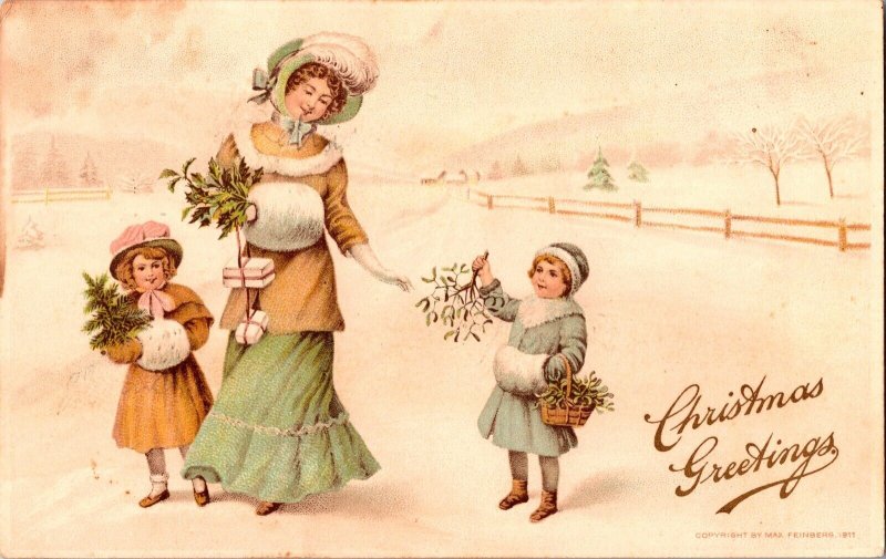 Vintage 1910's Victorian Woman, Adorable Boy, Girl, Snow,Christmas Tree Postcard