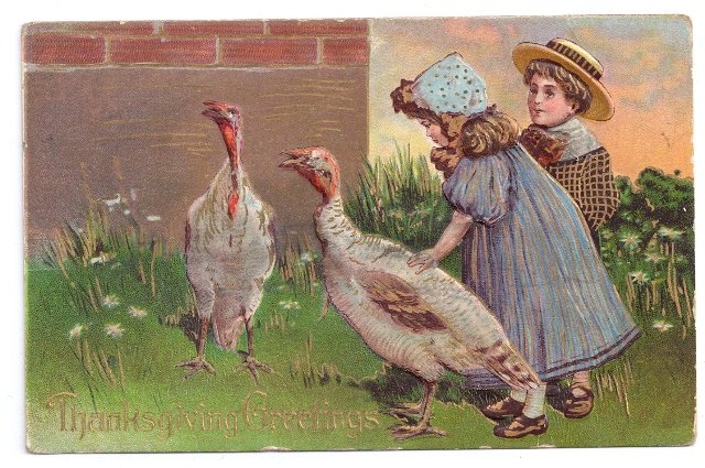 Vintage Thanksgiving Postcard Children Girl Boy with Turkeys Embossed Gilded