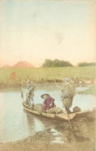 Postcard Japan C-1910 hand Colored Fishing Canoe 23-4757