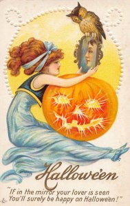 J79/ Halloween Postcard c1910 Woman Mirror Owl Series 216 B   111