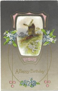 Happy Birthday Windmill Bunches of Blue Flowers Embossed