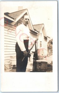 c1910s Pumper Man Pumping Outdoor Pump RPPC Water Bucket Barrel Real Photo A140