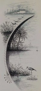 1880's Engraved Victorian Trade Card Wetlands Crane House Palm Tree P47