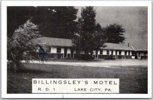 Lake City, Pennsylvania Postcard BILLINGSLEY'S MOTEL Highway 5 Roadside c1950s