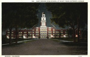 Vintage Postcard 1920's East Denver High School Night 16th Ave. Denver Colorado