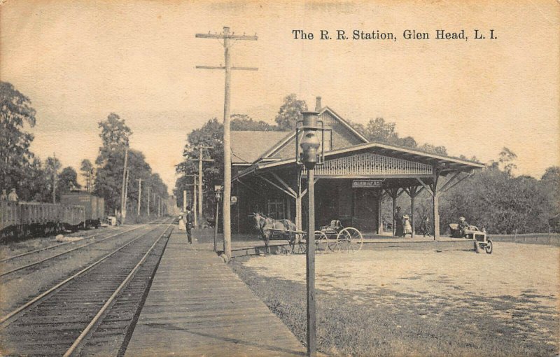 Glen Head L. I. Railroad Station Train Depot Horse & Buggie Postcard