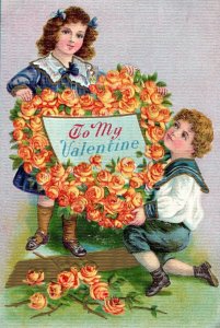 C. 1910 Lovely Kids Holding Yellow Rose Heart Valentine Vintage Postcard F24