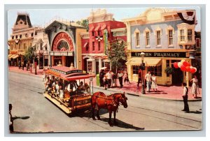 Vintage 1970's Postcard Disneyland Horse Drawn Streetcar Upjohn Pharmacy