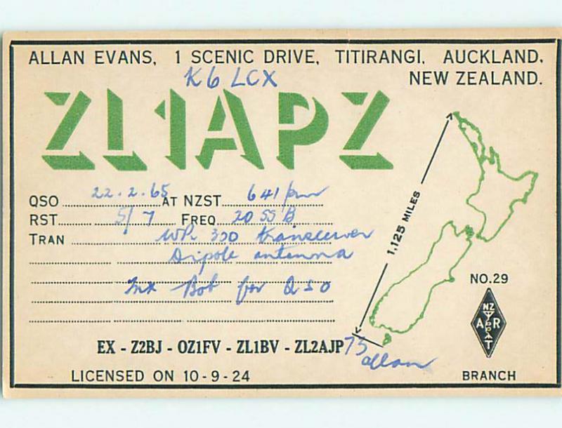 1965 vintage QSL CB HAM RADIO CARD Titirangi - Auckland NEW ZEALAND s0372