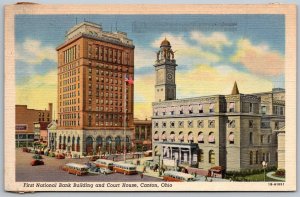 Canton Ohio 1940s Postcard First National Bank Court House Buses