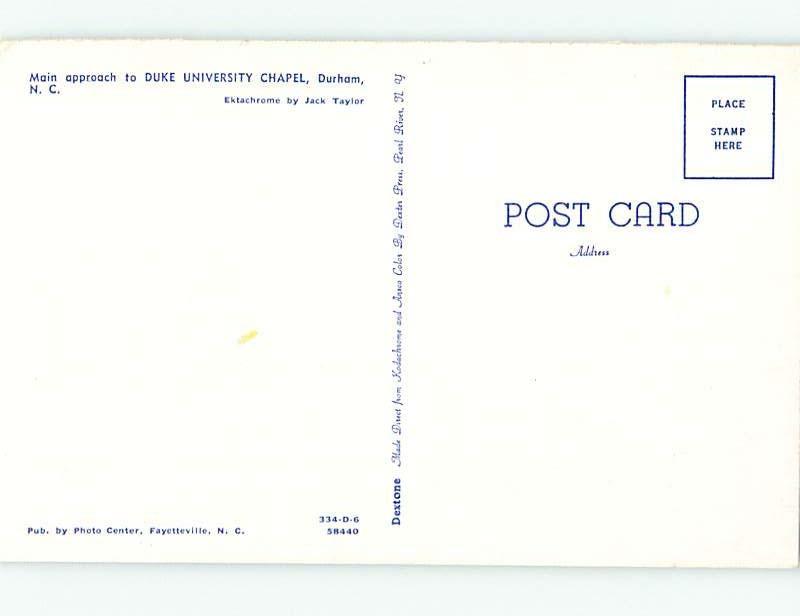 Unused Pre-1980 DUKE UNIVERSITY CHAPEL Durham North Carolina NC hn0654