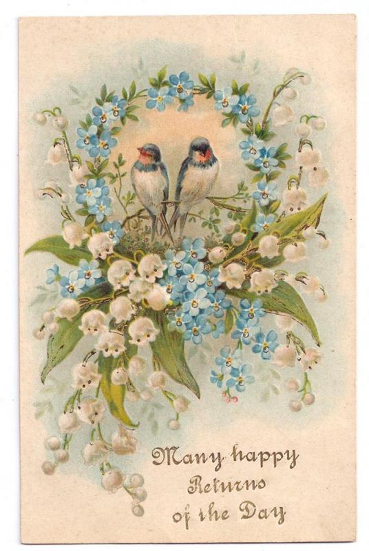 Lily of Valley Bluebirds Embossed Birthday Postcard 1908