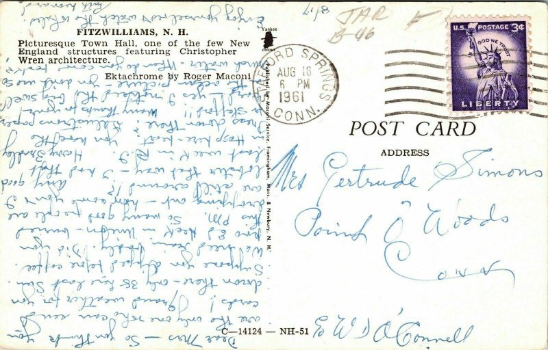 Fitzwilliams New Hampshire NH Town Hall Postcard Cancel PM Stafford Springs WOB  