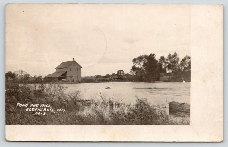 Ogdenburg Wisconsin~Pond & Mill~Lean-To Barn~White Horse Team~Bridge~1907 RPPC