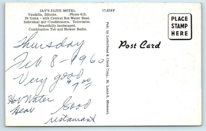 VANDALIA, Illinois IL ~ Roadside JAY'S ELITE MOTEL & Restaurant 1960 Postcard