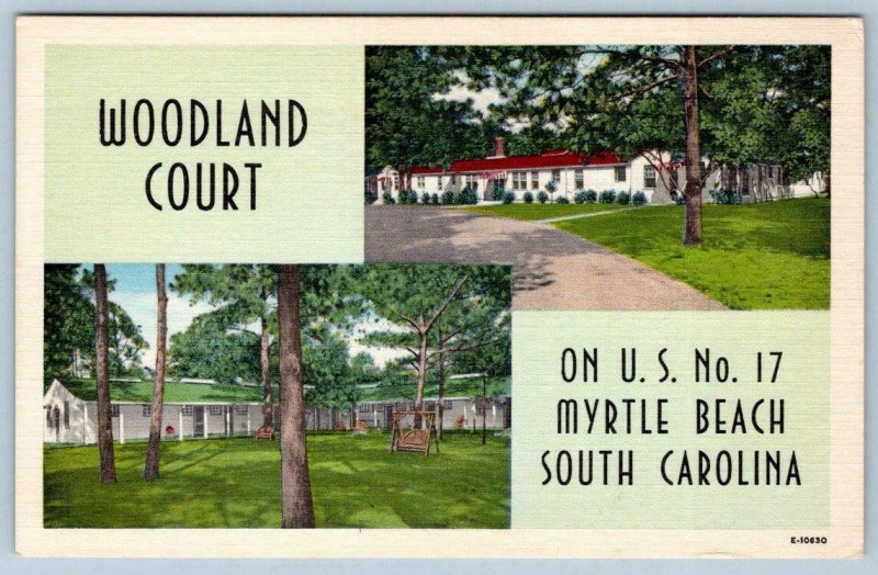 MYRTLE BEACH SC WOODLAND COURT MODERN GUEST ROOMS ROADSIDE MOTEL LINEN POSTCARD