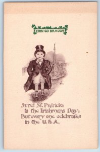 St. Patrick's Day Postcard Little Boy Erin Go Braugh c1910's Unposted Antique