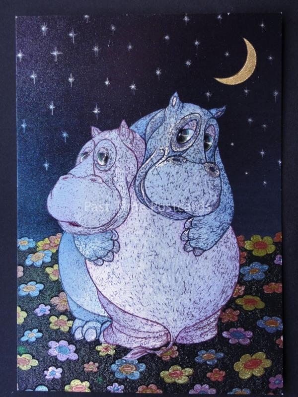 CUDDLING HIPPOPOTAMUS MOONLIGHT c1980's by F J Warren DUFEX FOIL Postcard 501939