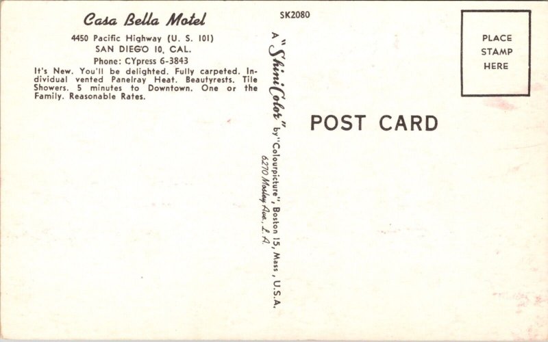 Postcard Casa Bella Motel 4450 Pacific Highway US 101 San Diego, California