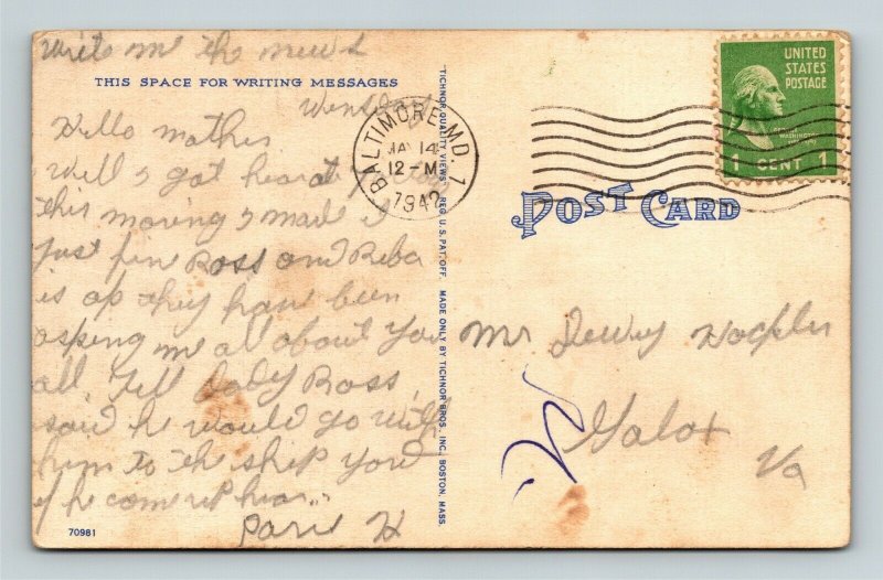 Baltimore, MD-Maryland, Francis Scott Key Monument, Linen c1942 Postcard