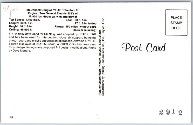 Airplane McDonnell Douglas YF-4E Phantom II U.S. Navy Aircraft USAF Postcard