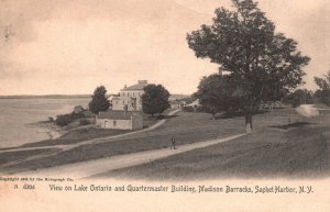 Vintage Postcard View On Lake Ontario & Quartermaster Building Sacket Harbor NY