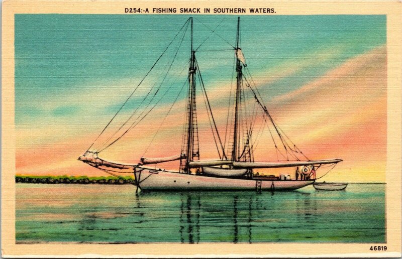 Fishing Smack Southern Waters Sail Boat Sunset Linen Postcard VTG UNP Unused  