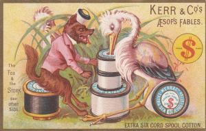 Victorian Trade Card - Fox and Stork - Kerr's Spooled Cotton Cord