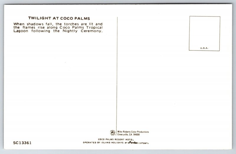 Hawaii~Twilight Scenery @ Coco Palms Tropical Lagoon Hotel~Vintage Postcard
