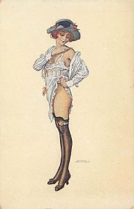 Beautiful Woman ILa chemise bieue Artist Georges Léonnec, France Post Card