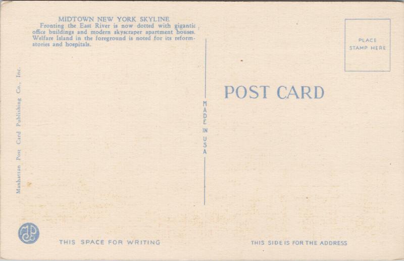 Midtown New York Welfare Island NY Unused Linen Postcard F2