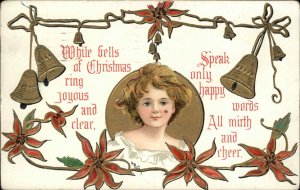 HBG Christmas Pretty Young Girl Poinsettia Border c1910 Vintage Postcard