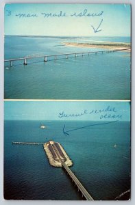 Chesapeake Bay Bridge Tunnel, Maryland, Vintage Aerial View Postcard, Split View